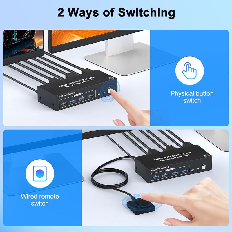 TaiLaiEra 4K HDMI KVM Switch 2 Monitors 2 Computers, 4K@60Hz Dual Monitors KVM Switcher 2PC Extended Display for 2 Port Sharing 4 USB 3.0 Hub Keyboard Mouse Hard Drives Printer with 2*USB Cables,Controller - Image 5